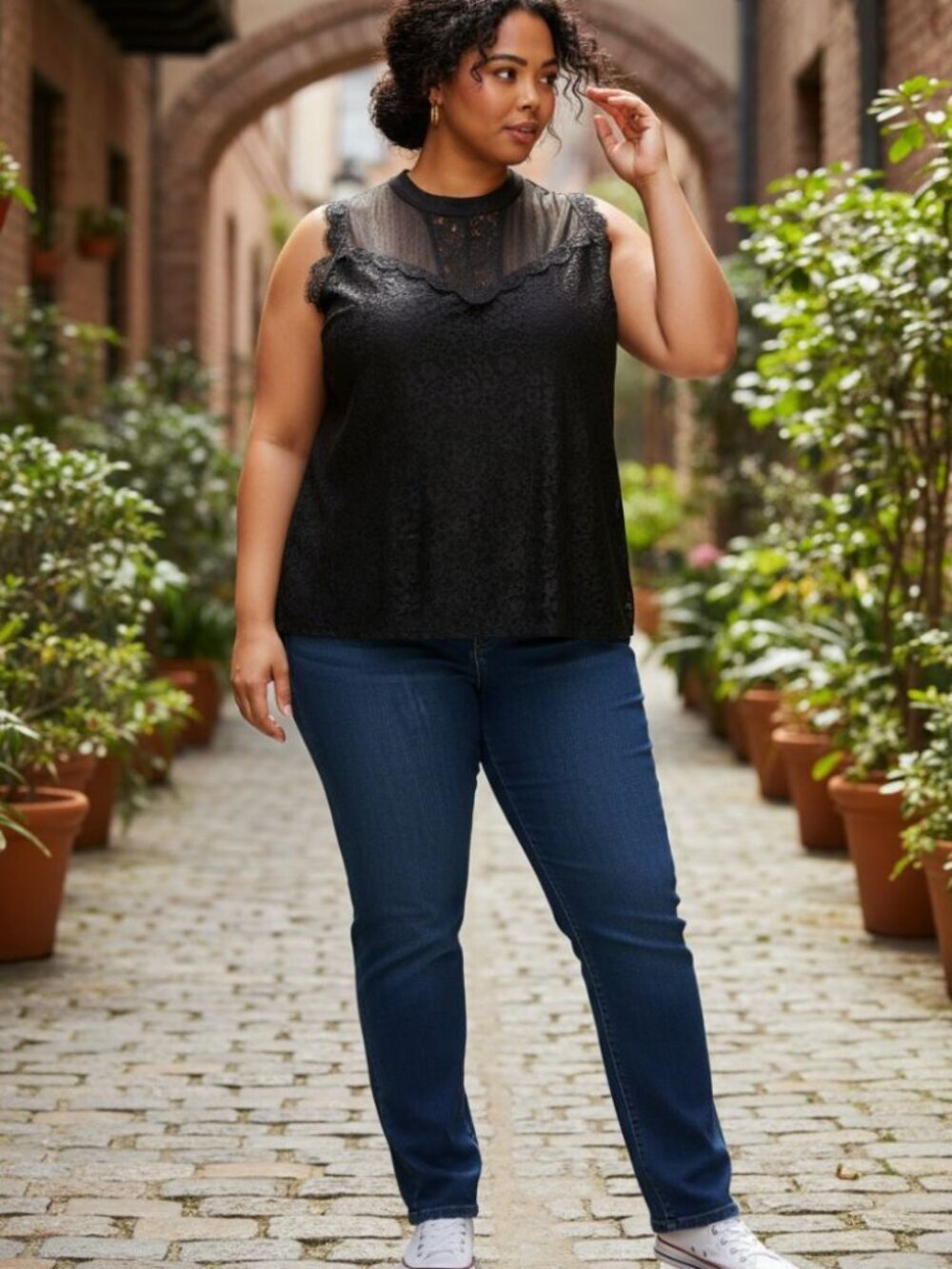 Torrid Lace Mixed Crew Neck Short Sleeve black Top